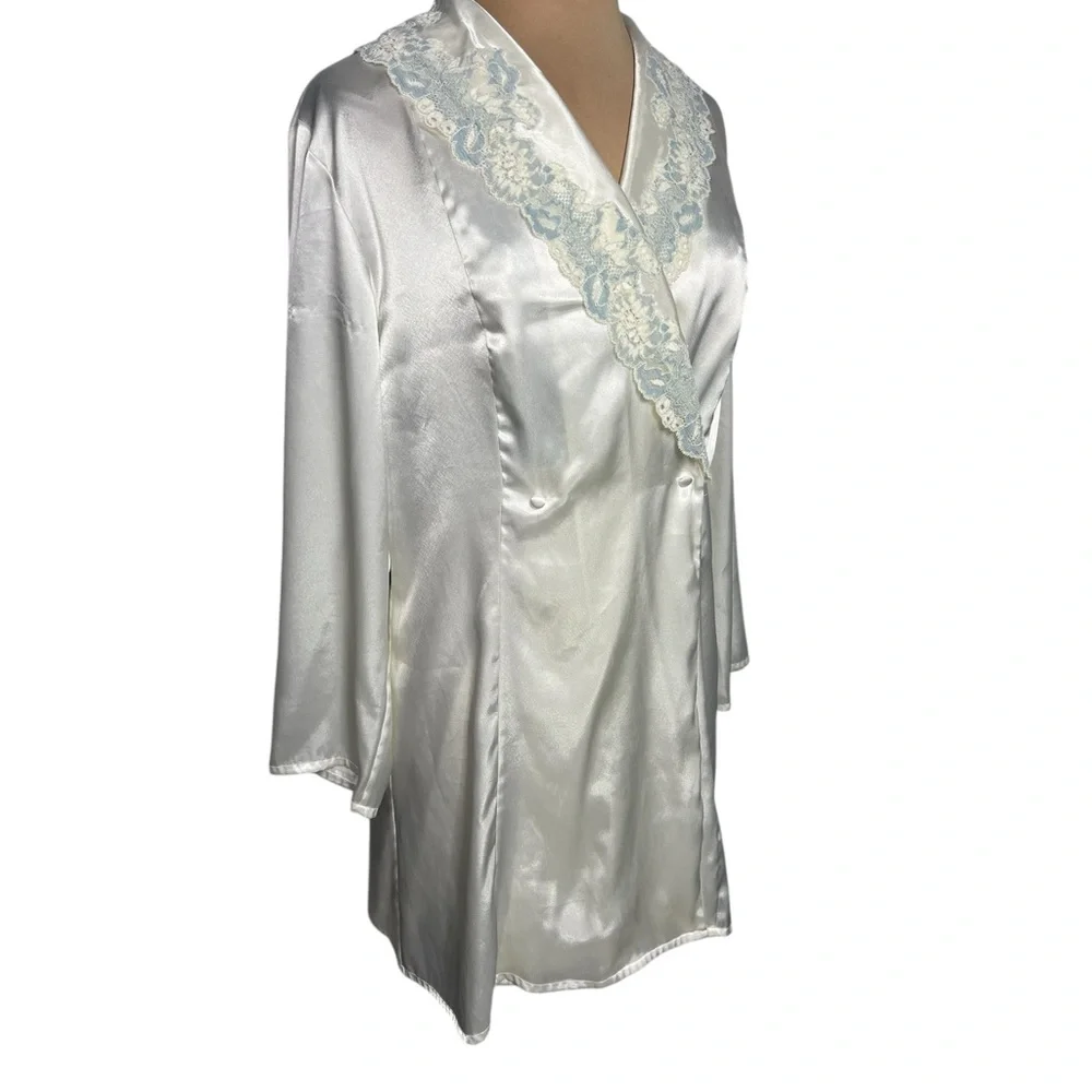 90’s Victoria’s Secret Silky Slip Dress Chemise Robe Set Bridal Set ivory blue L - Picture 7 of 11